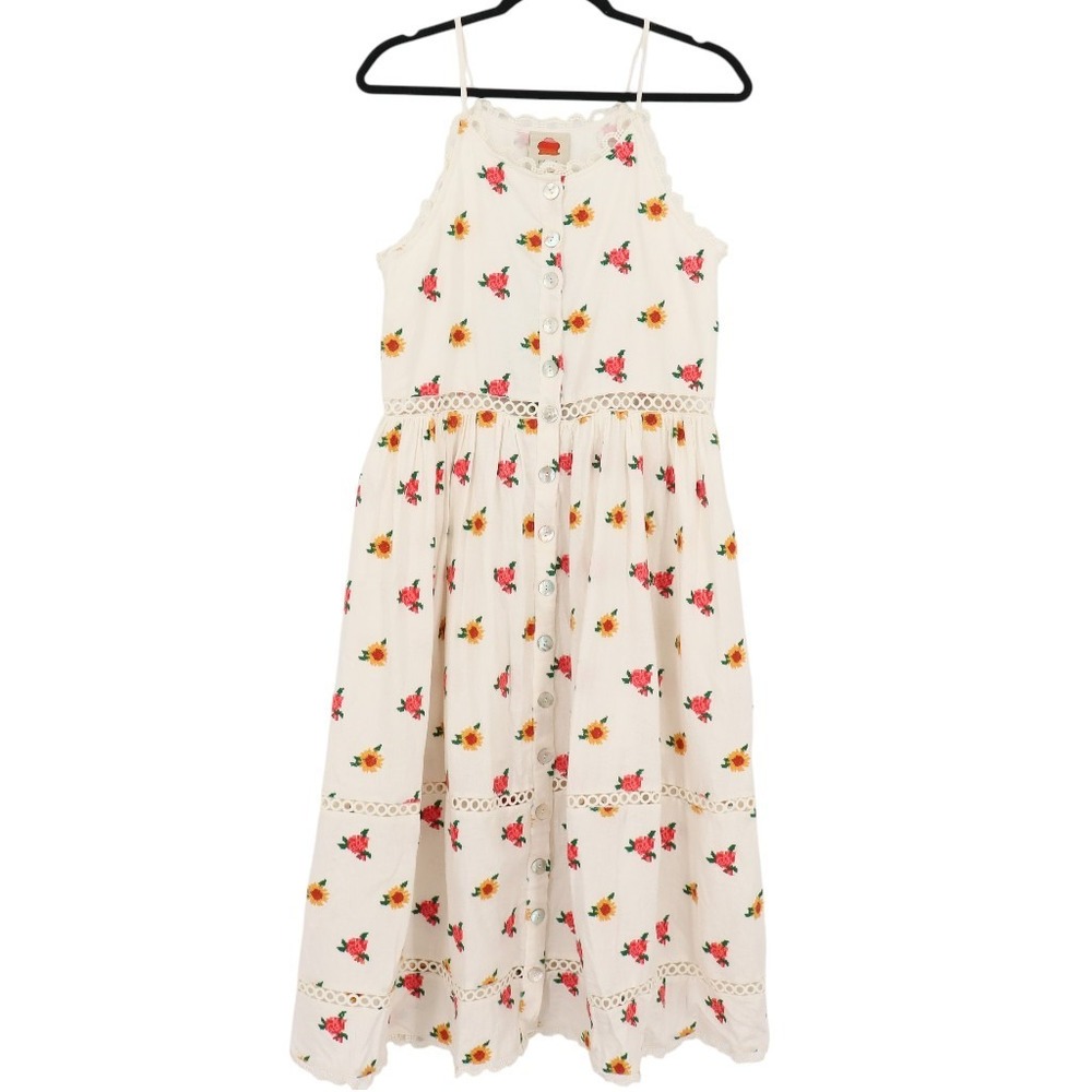 Farm Rio Mixed Cross Stitch Flowers Embroidered Midi Dress Linen Blend Size XS